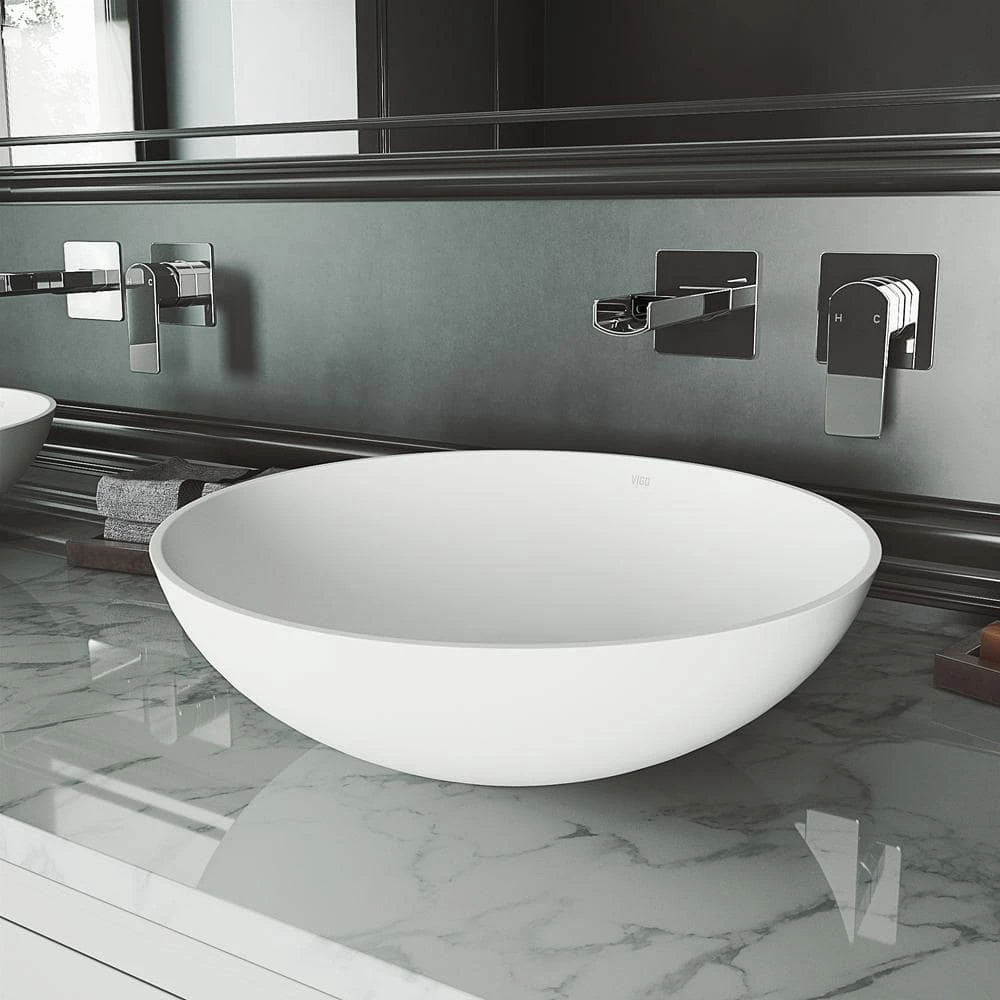 VIGO Matte Stone Lotus Composite Round Vessel Bathroom Sink in White 4 VIGO Matte Stone Lotus Composite Round Vessel Bathroom Sink in White - Image 2