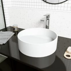 VIGO Matte Stone Starr Composite Round Vessel Bathroom Sink in White -Bathroom Sinks Sales matte stone vigo vessel sinks vg04018 40 1000