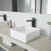 VIGO Matte Stone Dianthus Composite Square Vessel Bathroom Sink in White with Faucet and Pop-Up Drain in Matte Black -Bathroom Sinks Sales matte stone vigo vessel sinks vgt1092mb 64 1000