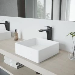 VIGO Matte Stone Dianthus Composite Square Vessel Bathroom Sink in White with Faucet and Pop-Up Drain in Matte Black