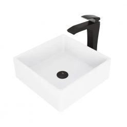 VIGO Matte Stone Dianthus Composite Square Vessel Bathroom Sink in White with Faucet and Pop-Up Drain in Matte Black -Bathroom Sinks Sales matte stone vigo vessel sinks vgt1092mb a0 1000