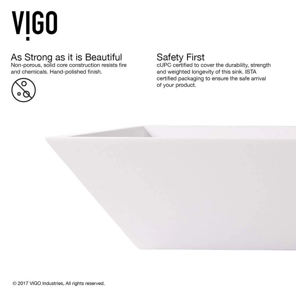 VIGO Matte Stone Vinca Composite Rectangular Vessel Bathroom Sink in White with Faucet and Pop-Up Drain in Antique Bronze 7 VIGO Matte Stone Vinca Composite Rectangular Vessel Bathroom Sink in White with Faucet and Pop-Up Drain in Antique Bronze - Image 5