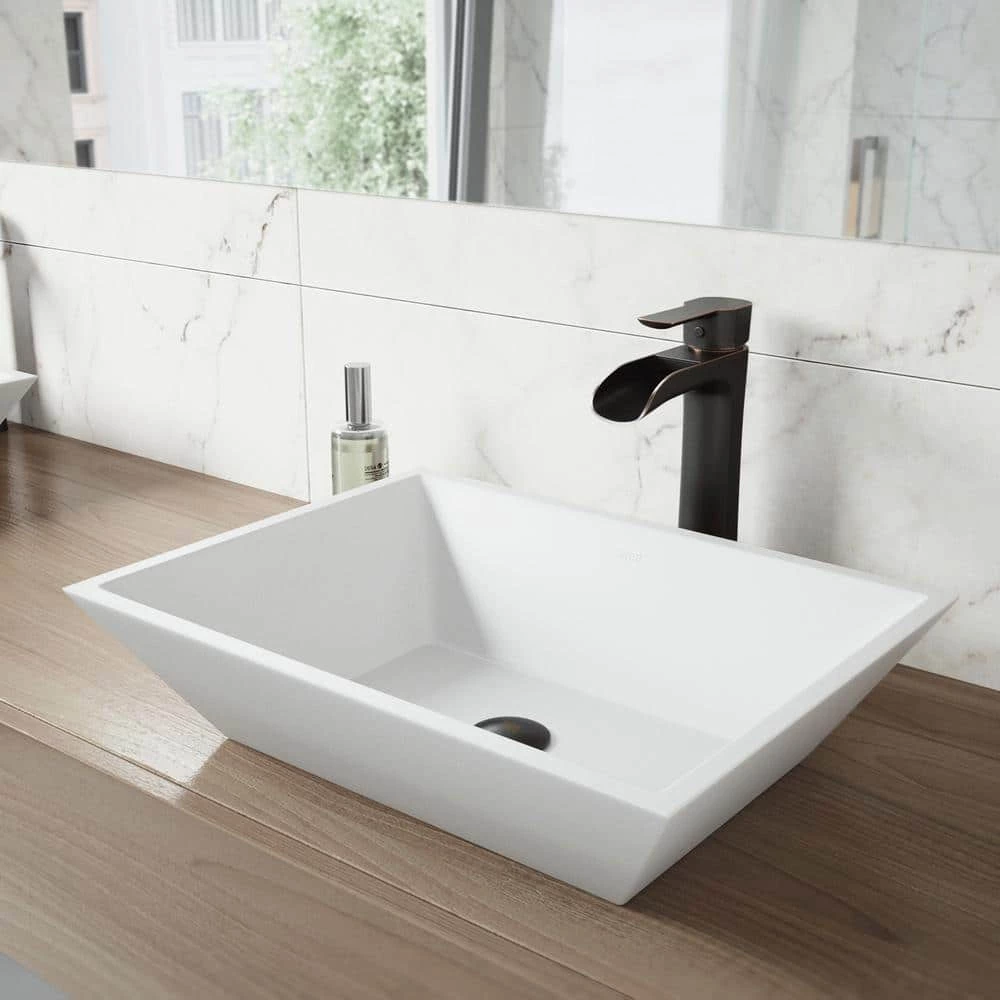 VIGO Matte Stone Vinca Composite Rectangular Vessel Bathroom Sink in White with Faucet and Pop-Up Drain in Antique Bronze 3 VIGO Matte Stone Vinca Composite Rectangular Vessel Bathroom Sink in White with Faucet and Pop-Up Drain in Antique Bronze