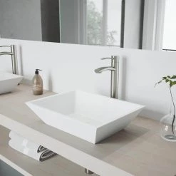 VIGO Matte Stone Vinca Composite Rectangular Vessel Bathroom Sink in White with Faucet and Pop-Up Drain in Brushed Nickel