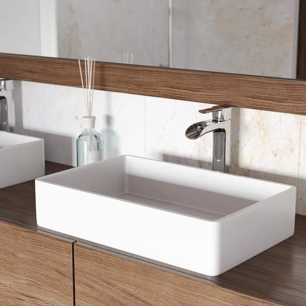 VIGO Matte Stone Magnolia Composite Rectangular Vessel Bathroom Sink in White with Niko Faucet and Pop-Up Drain in Chrome 3 VIGO Matte Stone Magnolia Composite Rectangular Vessel Bathroom Sink in White with Niko Faucet and Pop-Up Drain in Chrome