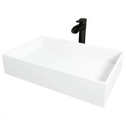 VIGO Matte Stone Montauk Composite Rectangular Vessel Bathroom Sink in White with Niko Faucet and Drain in Matte Black