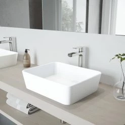 VIGO Matte Stone Marigold Composite Rectangular Vessel Bathroom Sink in White with Faucet and Pop-Up Drain in Brushed Nickel -Bathroom Sinks Sales matte stone vigo vessel sinks vgt940 40 1000