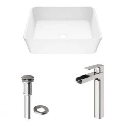 VIGO Matte Stone Marigold Composite Rectangular Vessel Bathroom Sink in White with Faucet and Pop-Up Drain in Brushed Nickel -Bathroom Sinks Sales matte stone vigo vessel sinks vgt940 a0 1000