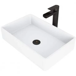 VIGO Matte Stone Magnolia Composite Rectangular Vessel Bathroom Sink in White with Faucet and Pop-Up Drain in Matte Black