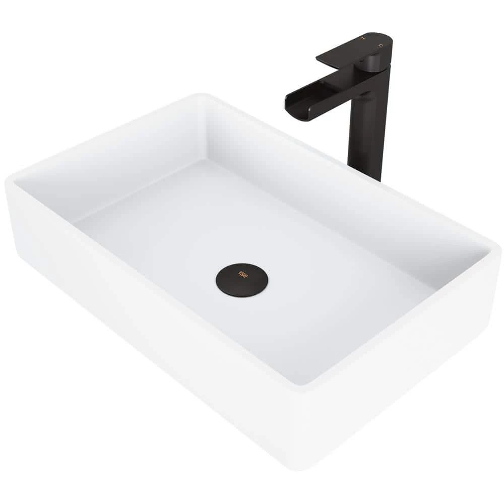 VIGO Matte Stone Magnolia Composite Rectangular Vessel Bathroom Sink in White with Faucet and Pop-Up Drain in Matte Black 3 VIGO Matte Stone Magnolia Composite Rectangular Vessel Bathroom Sink in White with Faucet and Pop-Up Drain in Matte Black