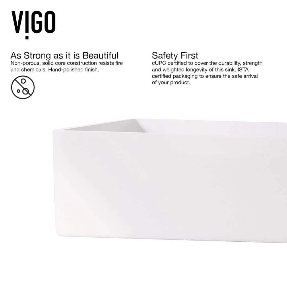 VIGO Matte Stone Magnolia Composite Rectangular Vessel Bathroom Sink in White with Faucet and Pop-Up Drain in Matte Black 8 VIGO Matte Stone Magnolia Composite Rectangular Vessel Bathroom Sink in White with Faucet and Pop-Up Drain in Matte Black - Image 6