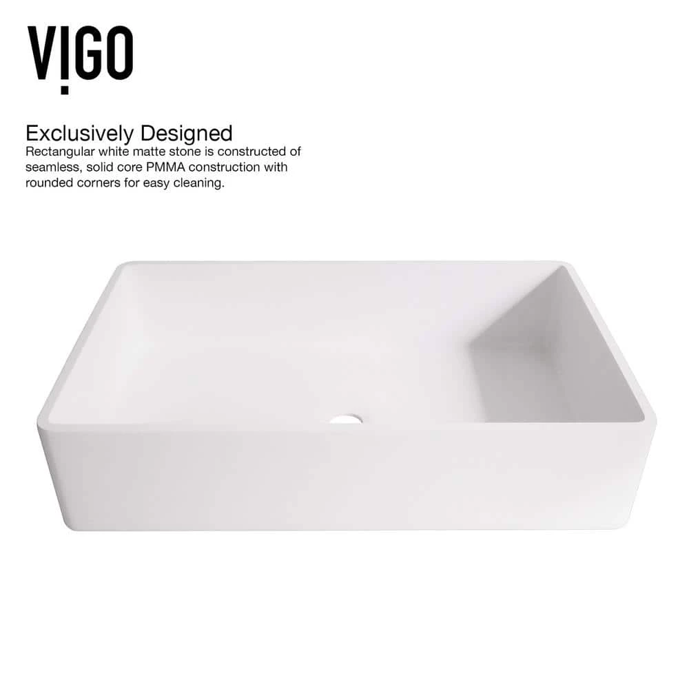 VIGO Matte Stone Magnolia Composite Rectangular Vessel Bathroom Sink in White with Faucet and Pop-Up Drain in Matte Black 9 VIGO Matte Stone Magnolia Composite Rectangular Vessel Bathroom Sink in White with Faucet and Pop-Up Drain in Matte Black - Image 7