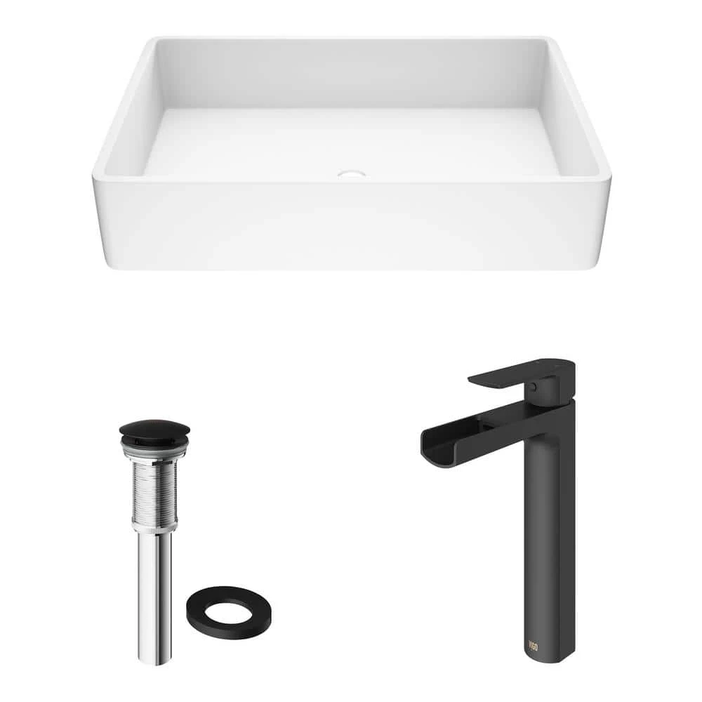 VIGO Matte Stone Magnolia Composite Rectangular Vessel Bathroom Sink in White with Faucet and Pop-Up Drain in Matte Black 6 VIGO Matte Stone Magnolia Composite Rectangular Vessel Bathroom Sink in White with Faucet and Pop-Up Drain in Matte Black - Image 4