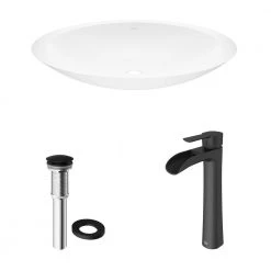VIGO Matte Stone Wisteria Composite Oval Vessel Bathroom Sink in White with Niko Faucet and Pop-Up Drain in Matte Black -Bathroom Sinks Sales matte stone vigo vessel sinks vgt987 a0 1000