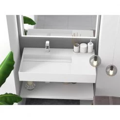 Castellousa Juniper 35.43 in. Wall Mount Solid Surface Left Side Basin Rectangle Non Vessel Bathroom Sink in Matte White -Bathroom Sinks Sales matte white castellousa wall mount sinks cb gm 2056 l fa 1000