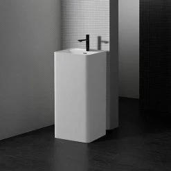MEDUNJESS Kendall Bathroom Square Solid Surface Basin Pedestal Sink in Matte White with Overflow Drain -Bathroom Sinks Sales matte white medunjess pedestal sinks fs501 425 4f 1000