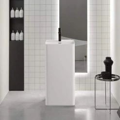 MEDUNJESS Kendall Bathroom Square Solid Surface Basin Pedestal Sink in Matte White with Overflow Drain -Bathroom Sinks Sales matte white medunjess pedestal sinks fs501 425 76 1000