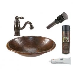 Premier Copper Products All-in-One Small Oval Self Rimming Hammered Copper Bathroom Sink in Oil Rubbed Bronze
