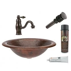 Premier Copper Products All-in-One Wide Rim Oval Self Rimming Hammered Copper Bathroom Sink in Oil Rubbed Bronze