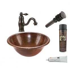 Premier Copper Products All-in-One Round Self Rimming Hammered Copper Bathroom Sink in Oil Rubbed Bronze