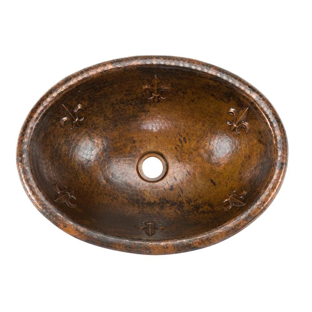 Premier Copper Products Self-Rimming Oval Fleur-De-Lis Hammered Copper Bathroom Sink in Oil Rubbed Bronze 4 Premier Copper Products Self-Rimming Oval Fleur-De-Lis Hammered Copper Bathroom Sink in Oil Rubbed Bronze - Image 2