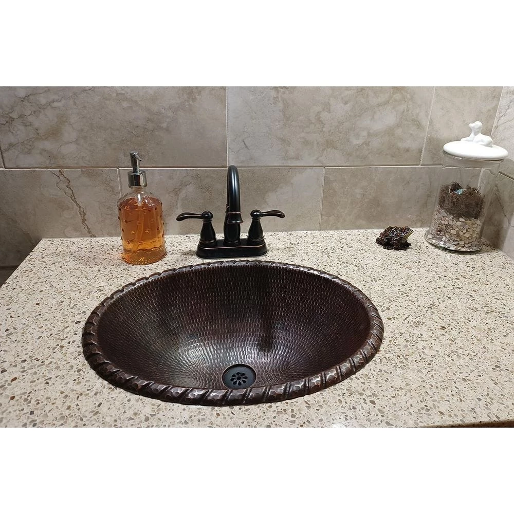 Premier Copper Products Self-Rimming Oval Roped Rim Hammered Copper Bathroom Sink in Oil Rubbed Bronze 6 Premier Copper Products Self-Rimming Oval Roped Rim Hammered Copper Bathroom Sink in Oil Rubbed Bronze - Image 4