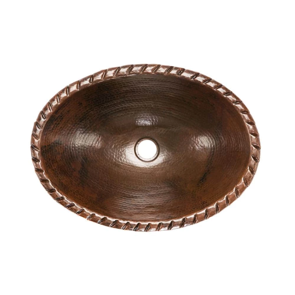 Premier Copper Products Self-Rimming Oval Roped Rim Hammered Copper Bathroom Sink in Oil Rubbed Bronze 4 Premier Copper Products Self-Rimming Oval Roped Rim Hammered Copper Bathroom Sink in Oil Rubbed Bronze - Image 2