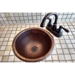 Premier Copper Products Self-Rimming Small Round Hammered Copper Bathroom Sink in Oil Rubbed Bronze -Bathroom Sinks Sales oil rubbed bronze premier copper products drop in bathroom sinks lr12rdb 44 1000