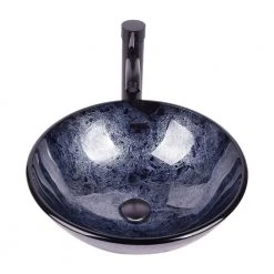 Cadeninc Bathroom Artistic Tempered Glass Round Vessel Sink with Oil Rubber Bronze Faucet and Pop up drain Combo
