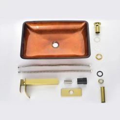 Interbath Russet Glass Rectangular Vessel Bathroom Sink Set in brown and amber Fusion Finish with Faucet and gold Pop Up Drain -Bathroom Sinks Sales russet interbath vessel sinks itb114zg04 77 1000