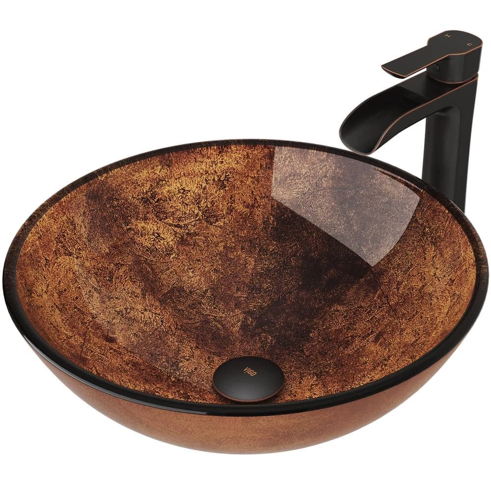 VIGO Glass Round Vessel Bathroom Sink in Russet Brown with Niko Faucet and Pop-Up Drain in Antique Rubbed Bronze 5 VIGO Glass Round Vessel Bathroom Sink in Russet Brown with Niko Faucet and Pop-Up Drain in Antique Rubbed Bronze - Image 3