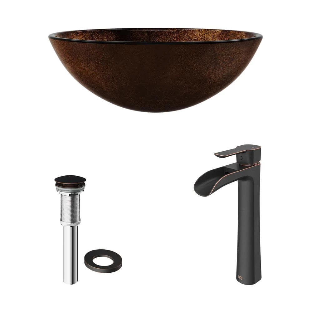 VIGO Glass Round Vessel Bathroom Sink in Russet Brown with Niko Faucet and Pop-Up Drain in Antique Rubbed Bronze 6 VIGO Glass Round Vessel Bathroom Sink in Russet Brown with Niko Faucet and Pop-Up Drain in Antique Rubbed Bronze - Image 4