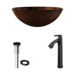 VIGO Glass Round Vessel Bathroom Sink in Russet Brown with Linus Faucet and Pop-Up Drain in Antique Rubbed Bronze -Bathroom Sinks Sales russet vigo vessel sinks vgt504 a0 1000