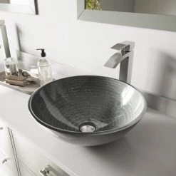 VIGO Glass Round Vessel Bathroom Sink in Silver with Duris Faucet and Pop-Up Drain in Brushed Nickel