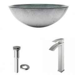 VIGO Glass Round Vessel Bathroom Sink in Silver with Duris Faucet and Pop-Up Drain in Brushed Nickel -Bathroom Sinks Sales silver vigo vessel sinks vgt603 a0 1000