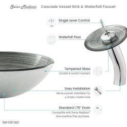 Swiss Madison Cascade Vessel Sink in Smoky Grey with Faucet -Bathroom Sinks Sales smoky grey swiss madison vessel sinks sm vsf260 77 1000