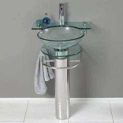 Fresca Ovale 24 in. Modern Stainless Steel Pedestal with Clear Glass Vessel Sink -Bathroom Sinks Sales stainless steel fresca pedestal sinks cmb1019 v 4f 1000