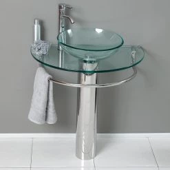 Fresca Attrazione 28.75 in. Modern Stainless Steel Pedestal with Clear Glass Vessel Sink -Bathroom Sinks Sales stainless steel fresca pedestal sinks cmb1060 v 4f 1000