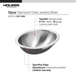 HOUZER Opus Series 13.6 in. Top Mount Single Bowl Lavatory Sink in Stainless Steel -Bathroom Sinks Sales stainless steel houzer drop in bathroom sinks cht 1800 1 4f 1000