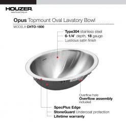 HOUZER Opus Series 13.6 in. Top Mount Single Bowl Lavatory Sink with Overflow in Stainless Steel -Bathroom Sinks Sales stainless steel houzer drop in bathroom sinks chto 1800 1 4f 1000