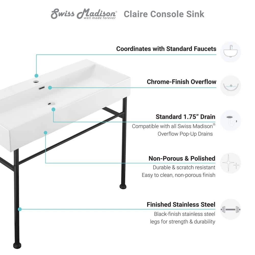 Swiss Madison Claire 40 in. Ceramic Console Sink White Basin Black Legs 8 Swiss Madison Claire 40 in. Ceramic Console Sink White Basin Black Legs - Image 6