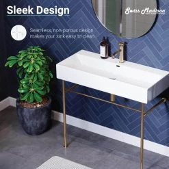 Swiss Madison Claire 40 in. Ceramic White Console Sink Basin Gold Legs -Bathroom Sinks Sales white basin gold legs swiss madison console sinks sm cs724 44 1000