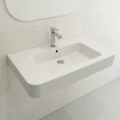 BOCCHI Parma Wall-Mounted White Fireclay Bathroom Sink 33.5 in. 1-Hole with Overflow -Bathroom Sinks Sales white bocchi wall mount sinks 1124 001 0126 4f 1000