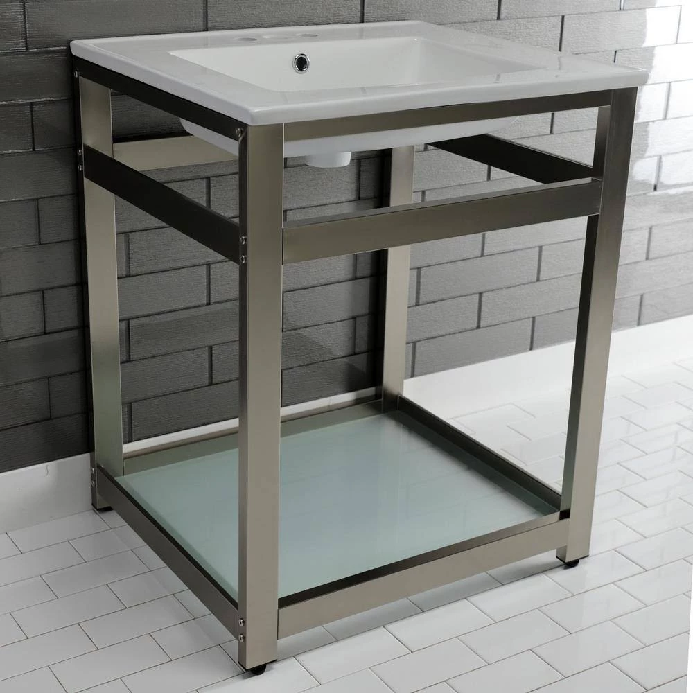 Kingston Brass 25 in. Ceramic Console Sink (4 in. in 3-Hole) with Stainless Steel Base in Brushed Nickel 10 Kingston Brass 25 in. Ceramic Console Sink (4 in. in 3-Hole) with Stainless Steel Base in Brushed Nickel - Image 8