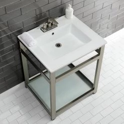 Kingston Brass 25 in. Ceramic Console Sink (4 in. in 3-Hole) with Stainless Steel Base in Brushed Nickel 12 Kingston Brass 25 in. Ceramic Console Sink (4 in. in 3-Hole) with Stainless Steel Base in Brushed Nickel -Bathroom Sinks Sales white brushed nickel kingston brass console sinks hvwp2522w4b8 4f 1000