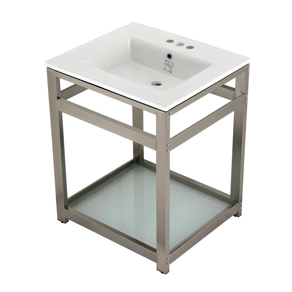 Kingston Brass 25 in. Ceramic Console Sink (4 in. in 3-Hole) with Stainless Steel Base in Brushed Nickel 3 Kingston Brass 25 in. Ceramic Console Sink (4 in. in 3-Hole) with Stainless Steel Base in Brushed Nickel