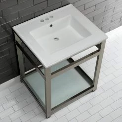 Kingston Brass 25 in. Ceramic Console Sink (4 in. in 3-Hole) with Stainless Steel Base in Brushed Nickel 16 Kingston Brass 25 in. Ceramic Console Sink (4 in. in 3-Hole) with Stainless Steel Base in Brushed Nickel -Bathroom Sinks Sales white brushed nickel kingston brass console sinks hvwp2522w4b8 76 1000