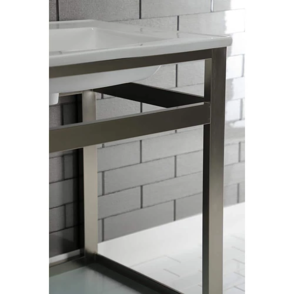 Kingston Brass 25 in. Ceramic Console Sink (4 in. in 3-Hole) with Stainless Steel Base in Brushed Nickel 8 Kingston Brass 25 in. Ceramic Console Sink (4 in. in 3-Hole) with Stainless Steel Base in Brushed Nickel - Image 6