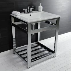 Kingston Brass 25 in. Ceramic Console Sink (4 in. in 3-Hole) with Stainless Steel Base in Chrome -Bathroom Sinks Sales white chrome kingston brass console sinks hvwp2522w4a1 1f 1000