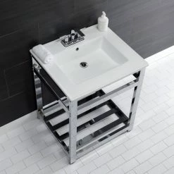 Kingston Brass 25 in. Ceramic Console Sink (4 in. in 3-Hole) with Stainless Steel Base in Chrome -Bathroom Sinks Sales white chrome kingston brass console sinks hvwp2522w4a1 4f 1000